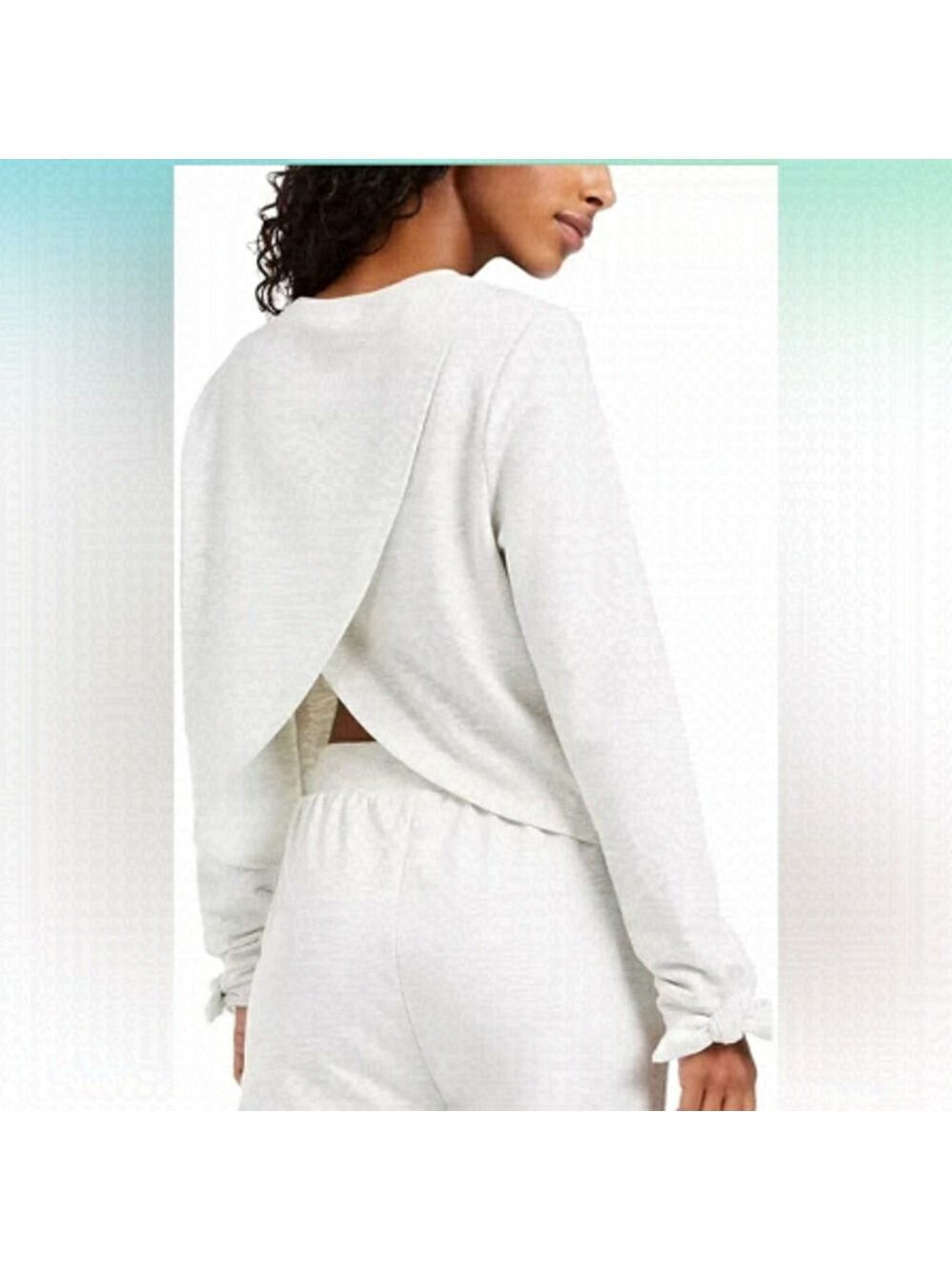 Nwt Miken Swim Envelope-Back Bow-Cuff Cover-Up Sweatshirt Light Heather Grey - M